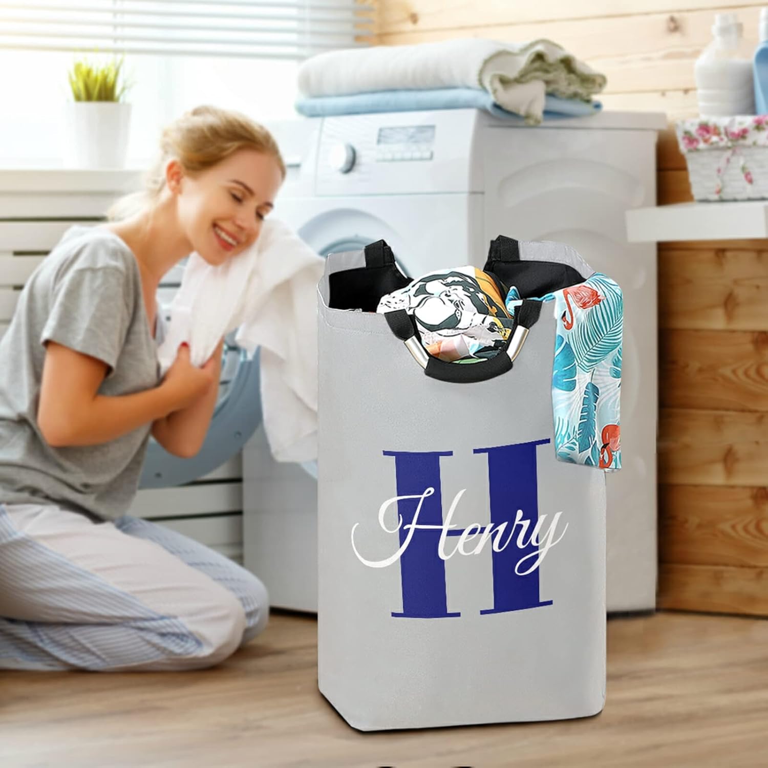 Custom Laundry Hamper Basket with Your Name Personalized Large Laundry Bag Collapsible Oxford Cloth Stylish Storage Bin with Handles, 22.7 Inch