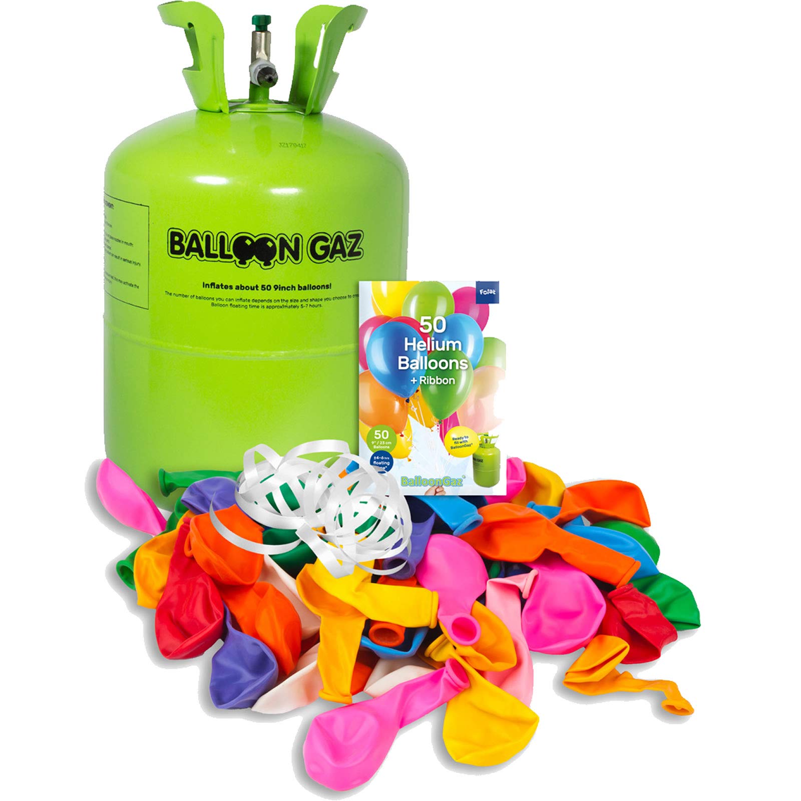 BALLONGAS FÜR 50 LUFTBALLONS + 50 BALLONS + FÜLLVENTIL + 50 ÖKO-BALLONSCHNUR | Helium Einweg Flasche Luftballon Folienballon Deko Geburtstag Party Hochzeit