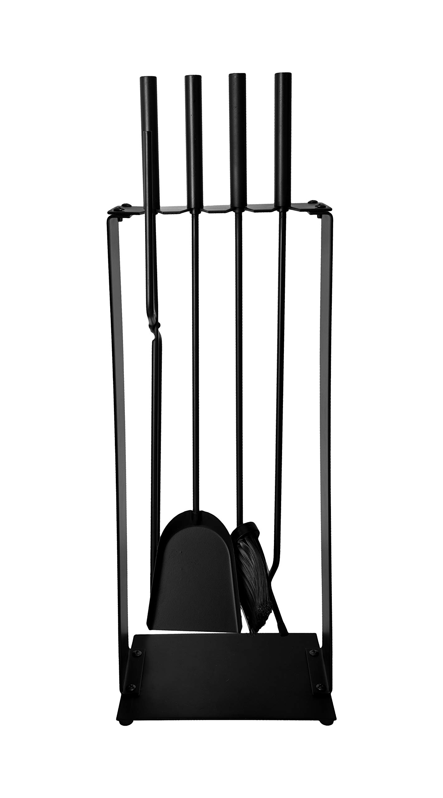 ADGO Kaminwerkzeug Modern 5-teiliges Kaminzubehör set 23,5 x 17 x 57 cm Ofenbesteck kaminbesteck: Schürhaken, Bürste, Kehrblech, Zange, Ständer, Edelstahl, schwarz lackiert