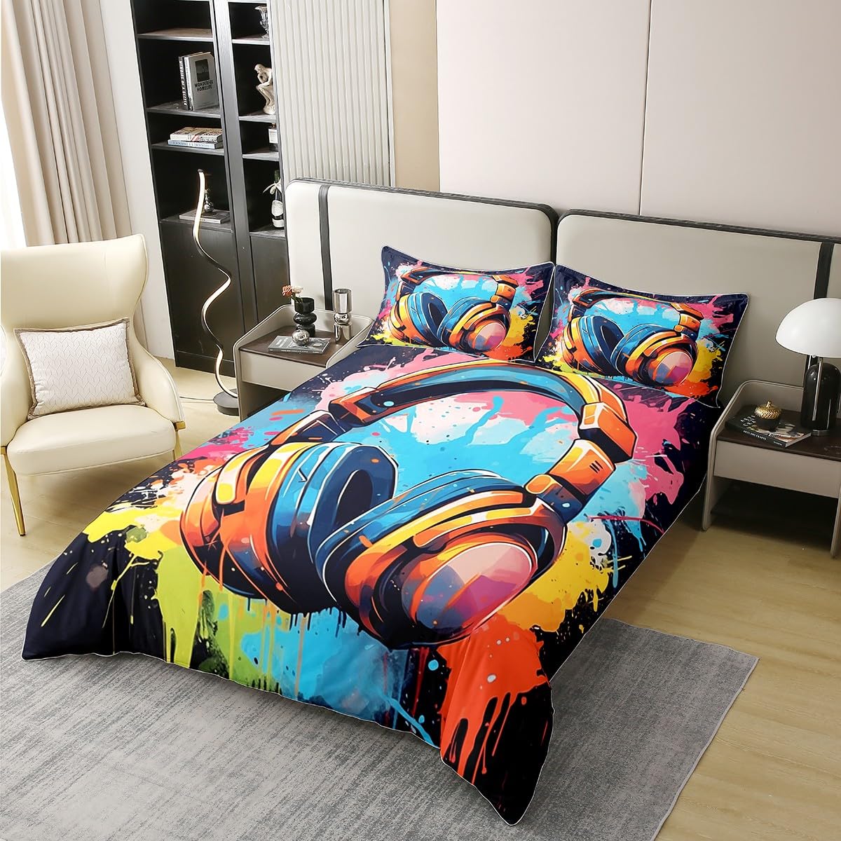 Homemissing Kids Headphones Duvet Cover 100% Cotton Hippie Graffiti Style Bedding Set Double for Boys Girls Street Culture Comforter Cover Set Grunge Art Bedspread Cover With 2 Pillow Case - Image 2