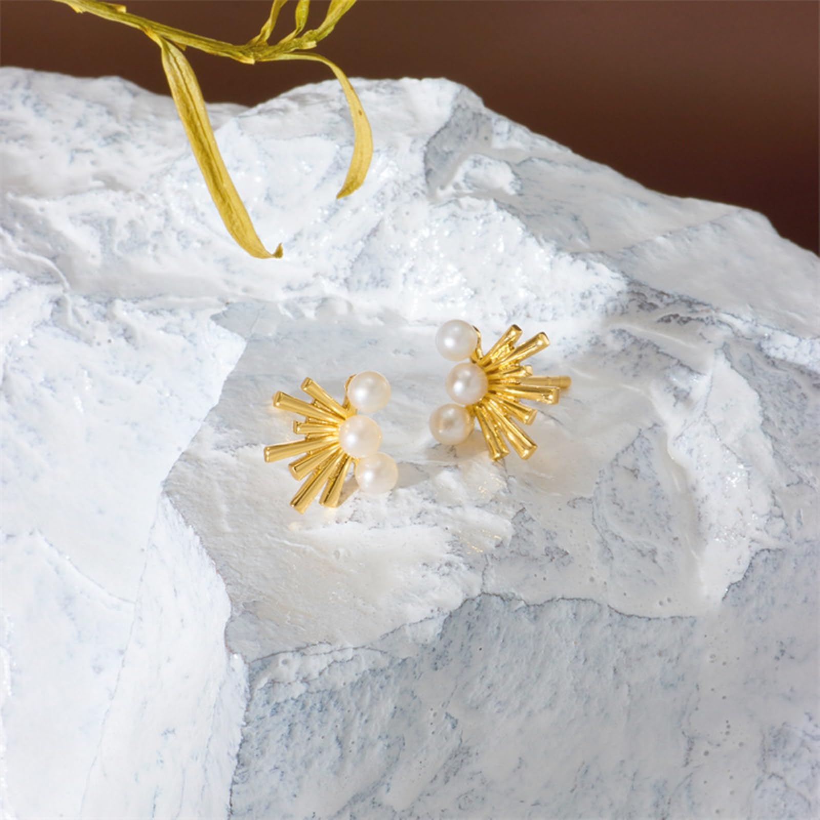 Pendientes geométricos de oro amarillo de 9K/14K/18K para mujer con perla