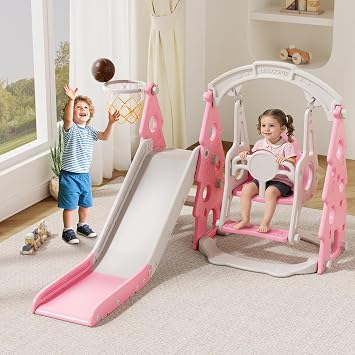 YUFU 4-in-1 Kids Slide and Swing Set, Toddler Slide Playset with Basketball Hoop and Swing, Indoor Outdoor Playground for Toddlers Age 1-3 Pink