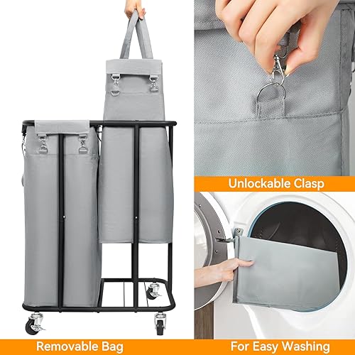 Miniatura 6 de WOWLIVE Cesta de lavandería doble con ruedas de 170 L, cesta organizadora de lavandería con marco de acero y bolsas extraíbles, cesta grande para