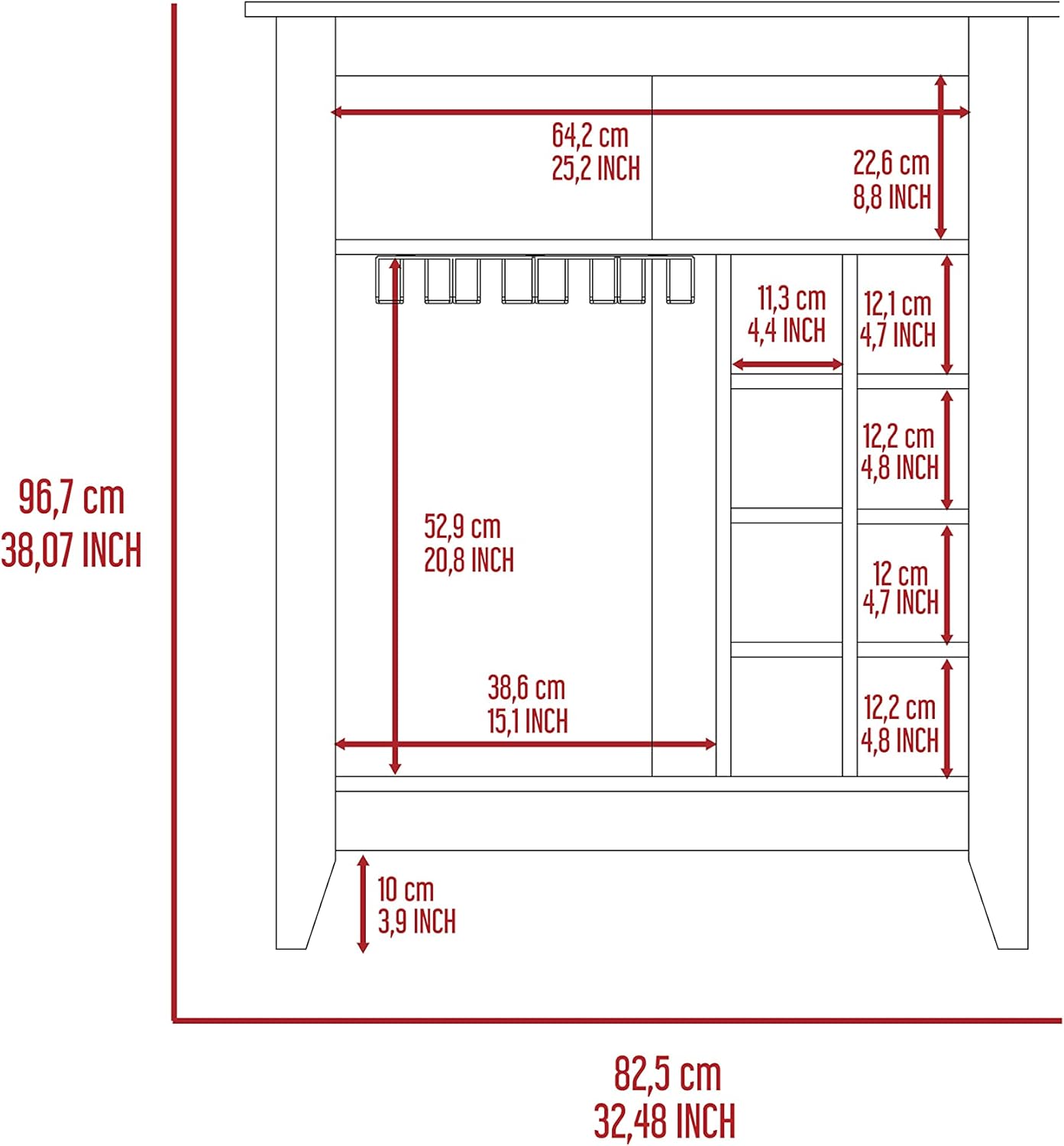 Bar Cabinet, One Open Shelf, Six Built in Wine Rack, One Drawer Black