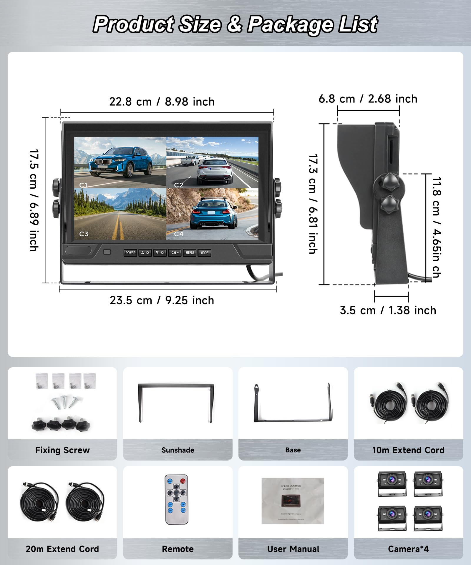 VECHTEL Câble pour caméra de recul 4 avec écran IPS 9 Pouces,Aide au stationnement,caméra de recul 1080p avec 18 LED,Vision Nocturne/étanchéité IP68 pour SUV,Enregistrement vidéo en Boucle,12–24 V