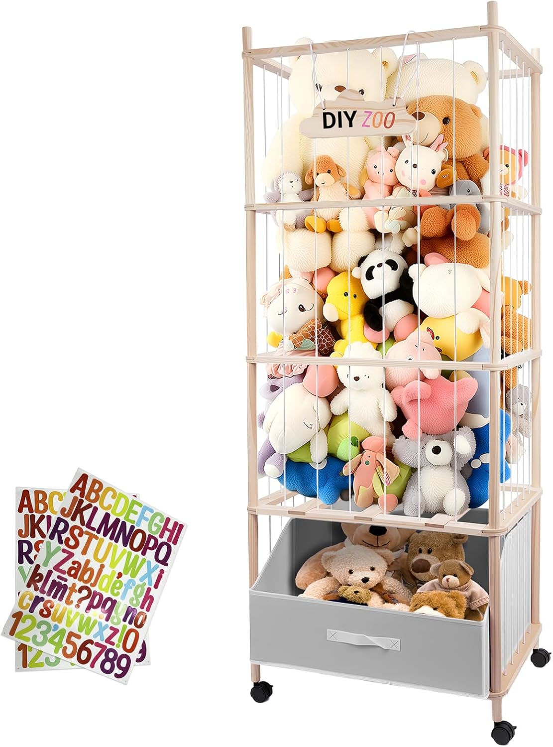 Stuffed Animal Storage, 64" Super Large Plush Toy Organizer with Wheels, Wooden Stuffed Animal Holder with Removable Bin, Zoo Plushies Storage for Bedroom/Playroom/Living Room