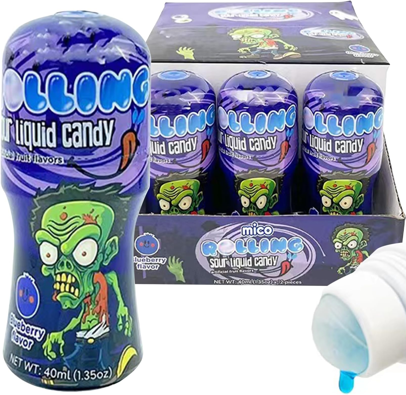Fusion Select Halloween Liquid Rolling Candy - Pack of 12 Blueberry Fruit Flavored Sour Candy Liquid - Fun Novelty Roll On Candy Treats For Parties, Gifts, Trick or Treat, Goodie Bags, Snacks - 40ml