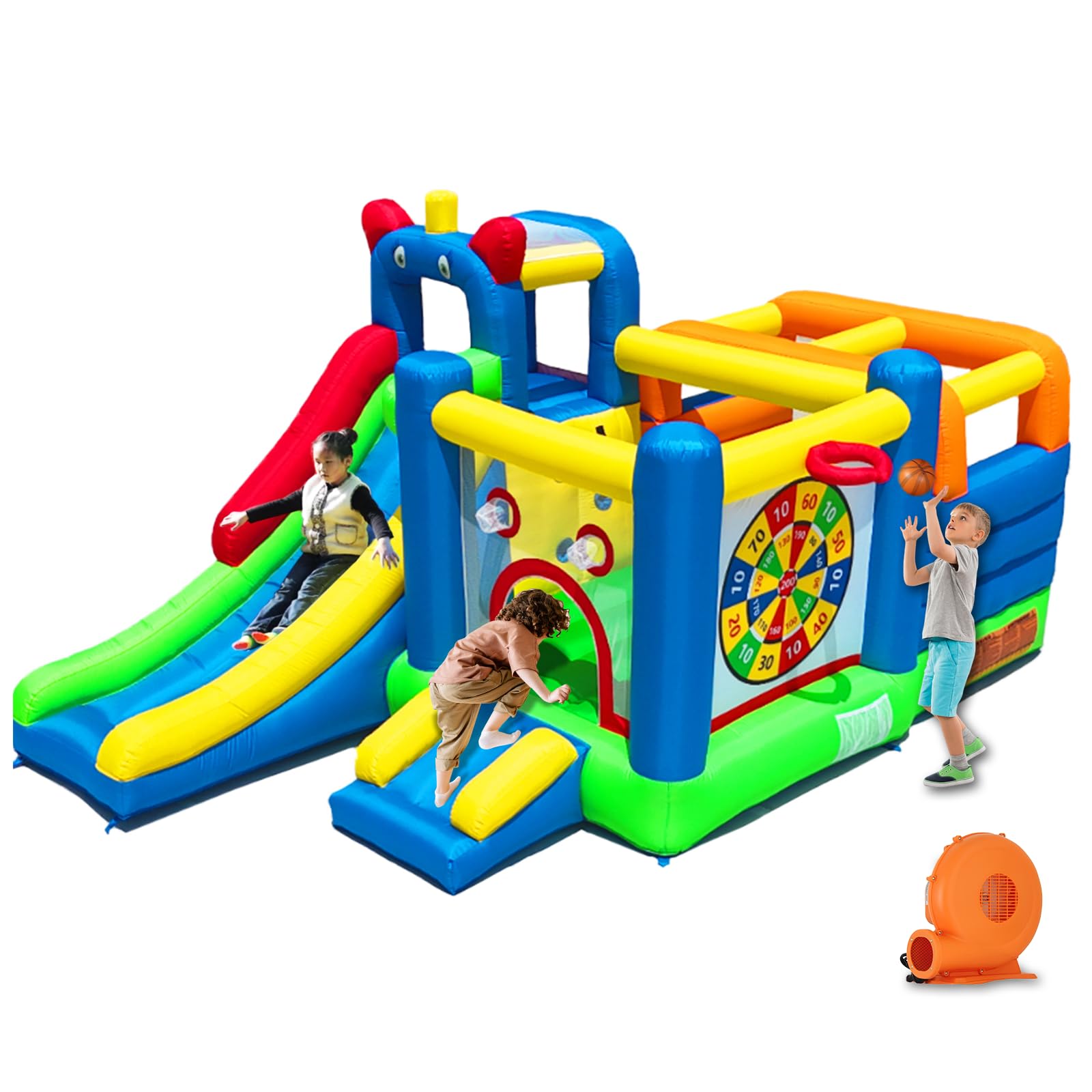 HuaKastro Cute Monster-Themed Bouncy Castle with Long Slide, Inflatable Jumping Castle w/Dart Board, Toss Target, Basketball Hoop & Obstacle, Backyard Bounce House for Indoor/Outdoor Fun, w/Blower