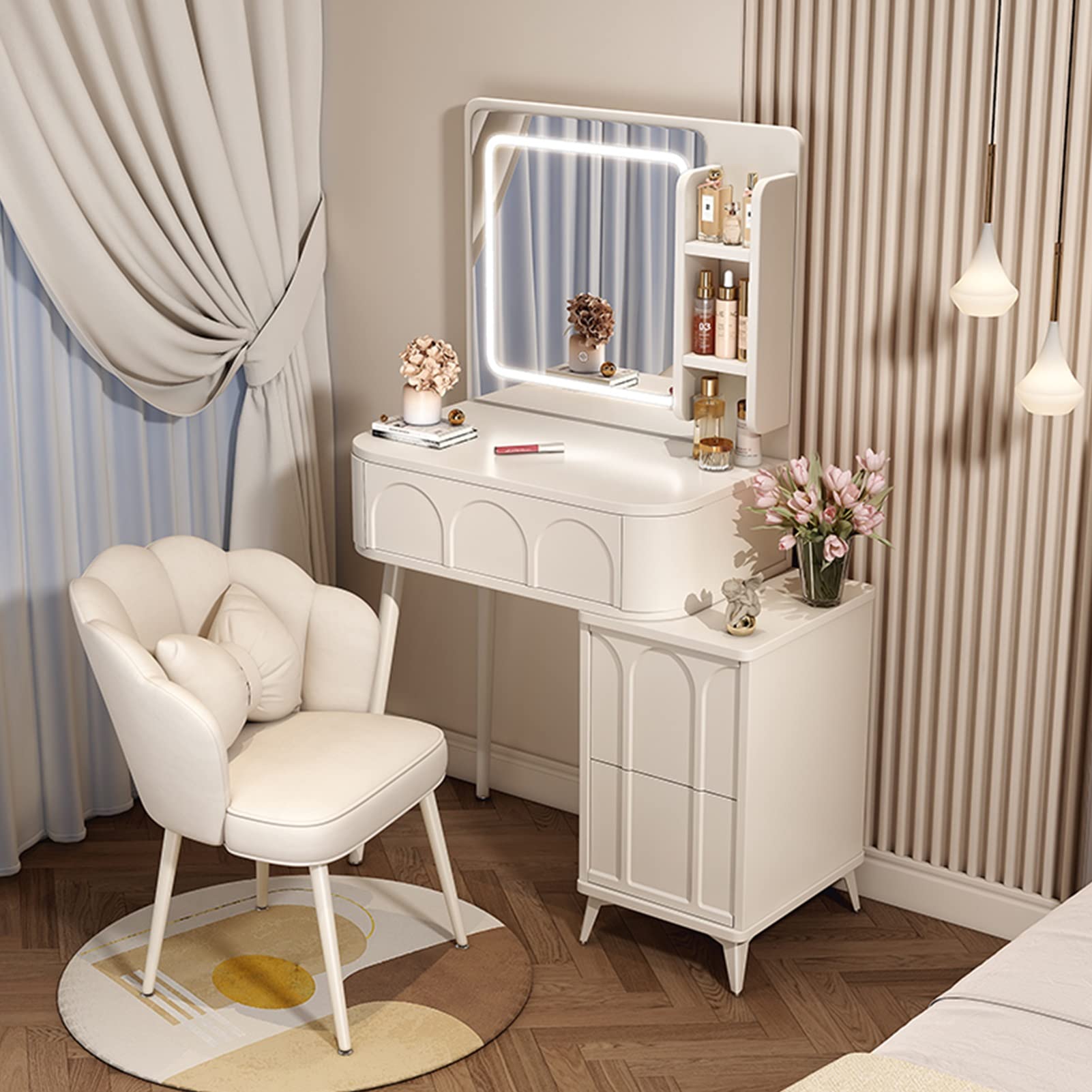 asdchZen Touch Screen Makeup Vanity With 3-Color Led Mirror, Stylish Dressing Table With Nightstand & Storage, 80Cm Bedroom Vanity Table With Drawer & Shelves,80cm/31.4in