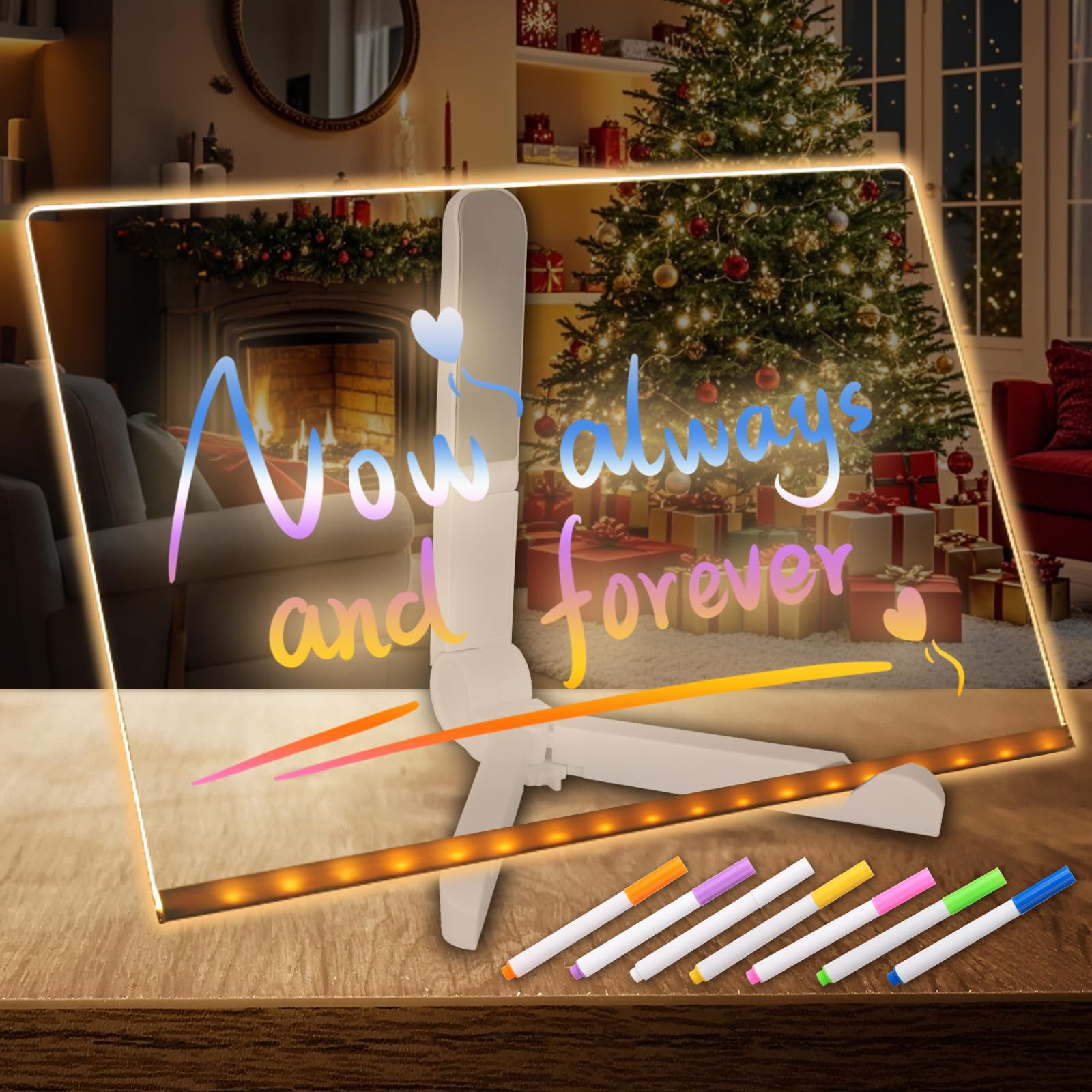 FLYQGGO 12"X8" Dry Erase Board with LED Light, Neon Doodle Glow Memo Board, Magic Message Note Drawing Board with Stand, Ideal for Room, Office,
