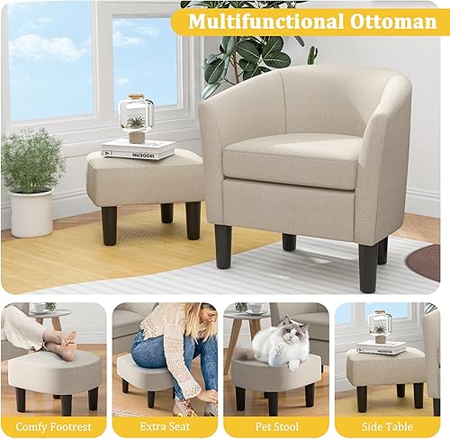 Miniatura 5 de Giantex Silla decorativa moderna con otomana, sillón de tela de lino con reposapiés, respaldo curvado y cojín de asiento extraíble, silla de club