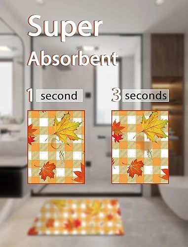 Miniatura 3 de MEHOFOND Tapete de baño de hojas de arce otoñal, alfombra de baño de Acción de Gracias, alfombra de baño a rayas amarillas, alfombras de baño para