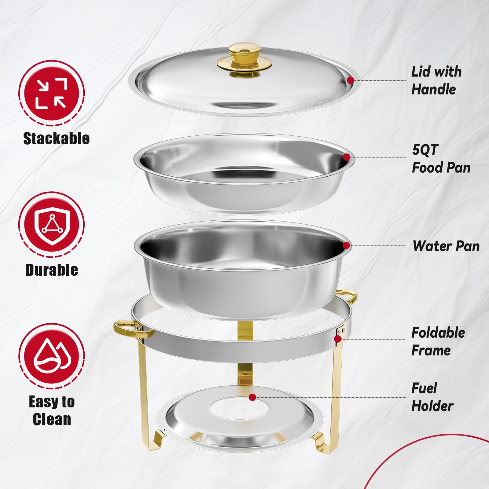 IMACONE Juego de 4 platos de roce redondos de acero inoxidable de 5 cuartos para catering, fogatas mejoradas y calentadores de buffet con bandeja de alimentos y agua, tapa, marco dorado, soporte de