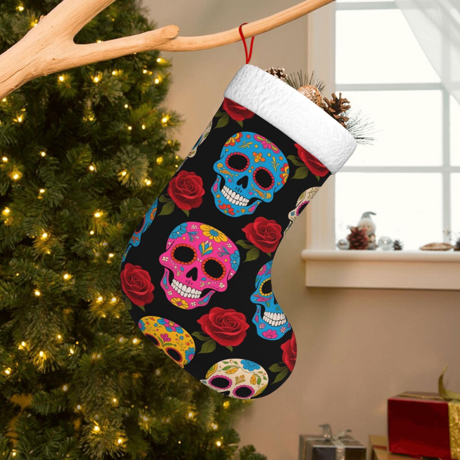 Velvet Christmas Stockings 17.7 Inch, Sugar Skulls Xmas Stocking with Soft Cuff,Classic Personalized Christmas Tree Decoration for Family Holiday New Year Party Supplies