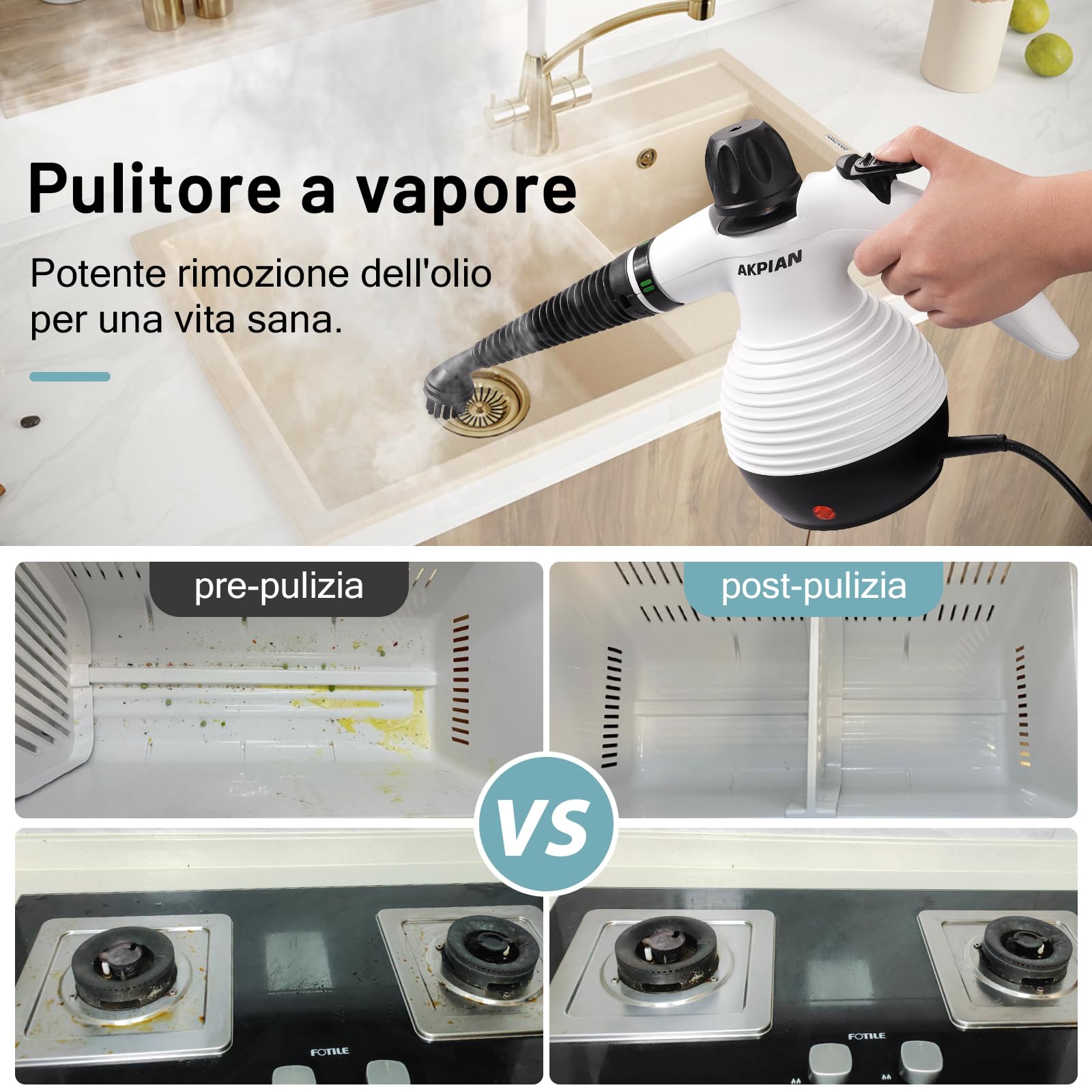Pulitore a Vapore Manuale 1050W – Multifunzione con Set da 10 Accessori – Pulizia Senza Chimica per Fughe delle Piastrelle, Fornelli, Finestre, Vasca da Bagno, Box Doccia, Stracci e raccogli polvere
