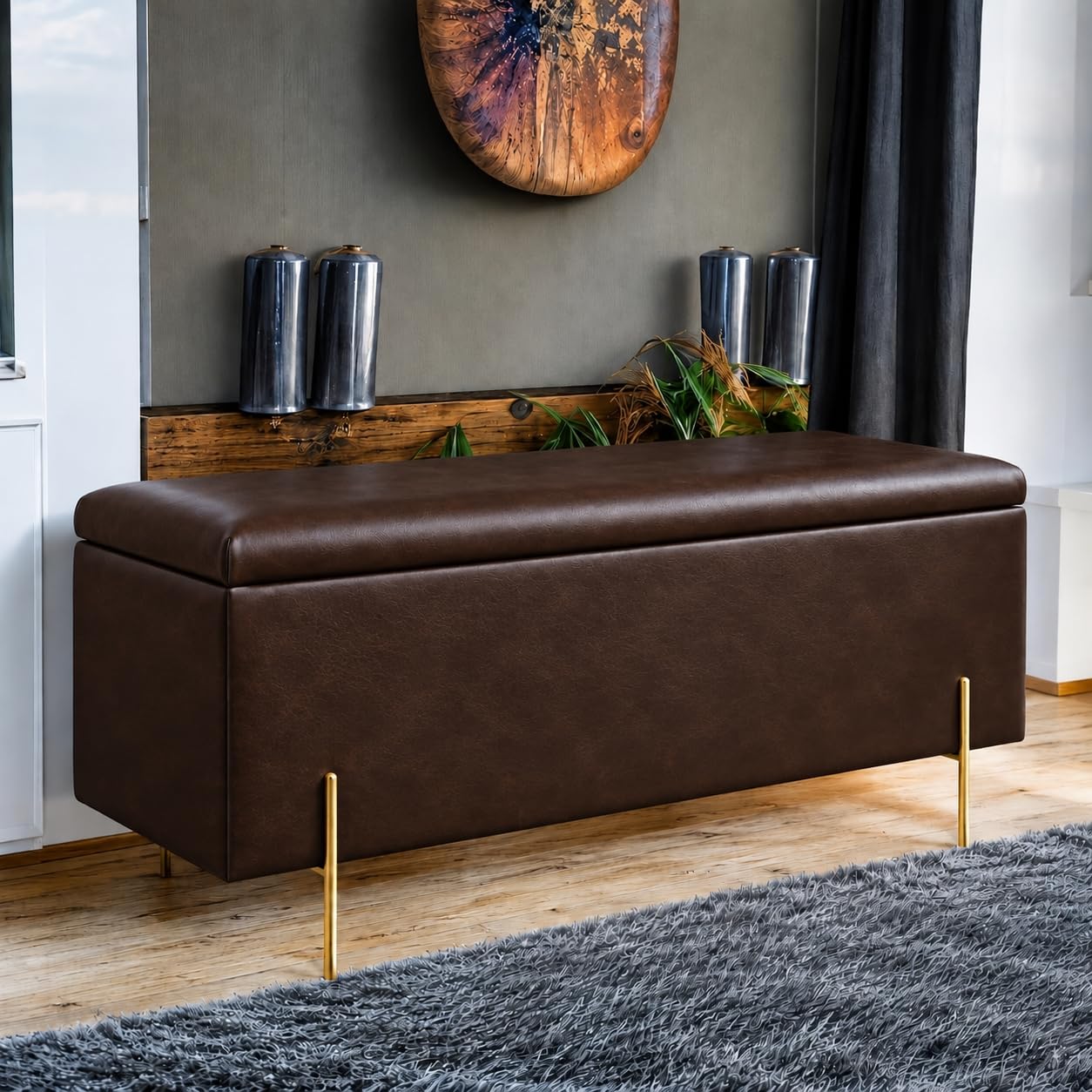 Plain Luxurious Faux Leather Ottoman Storage Bench, With Legs, Brown