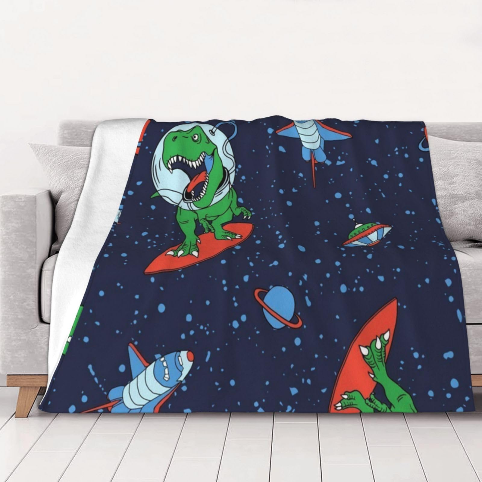 AUBKFELD Funny Astronaut Dinosaur Rocket Printed Flannel Blanket 125x100 CM, Soft & Warm Throw Blanket for Sofa/Couch/Bed/Car, Gifts for Audlts Women Men