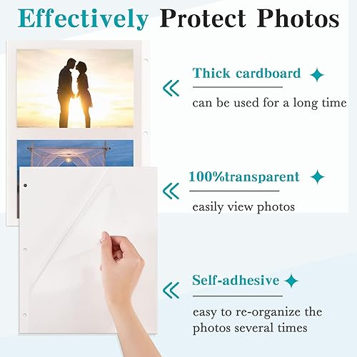 Miniatura 10 de Chuangdi 120 páginas para álbumes de fotos, autoadhesivas, de doble cara, 3 agujeros, para montaje de fotos, fundas de fotos para 3 anillas, 9 x 11