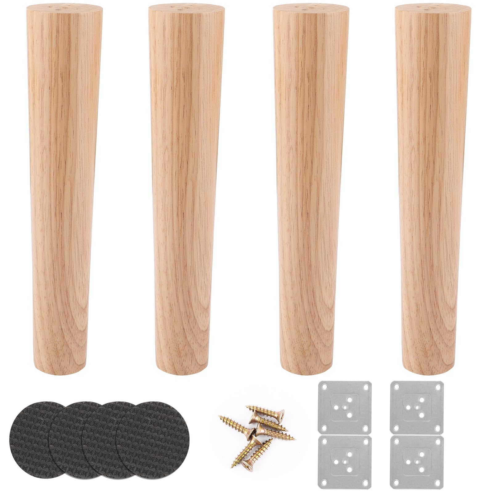 AKOLAFE 4 Stück Möbelfüße Holz 25cm Eiche Tischbeine Holz Robuste Möbelbeine Rund holzbeine mit Montageplatten und Schrauben Schwerlaste Möbelfuß Holz für Bett, Schrank, Stuhl, Tisch