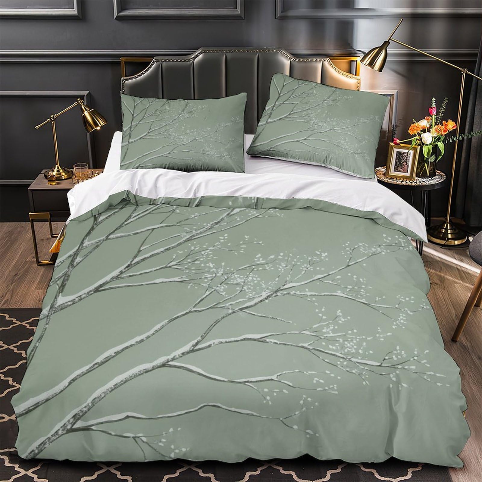 Housse de couette anti-pli lit couple grand format 3 pièces motif hivernal 260x220cm