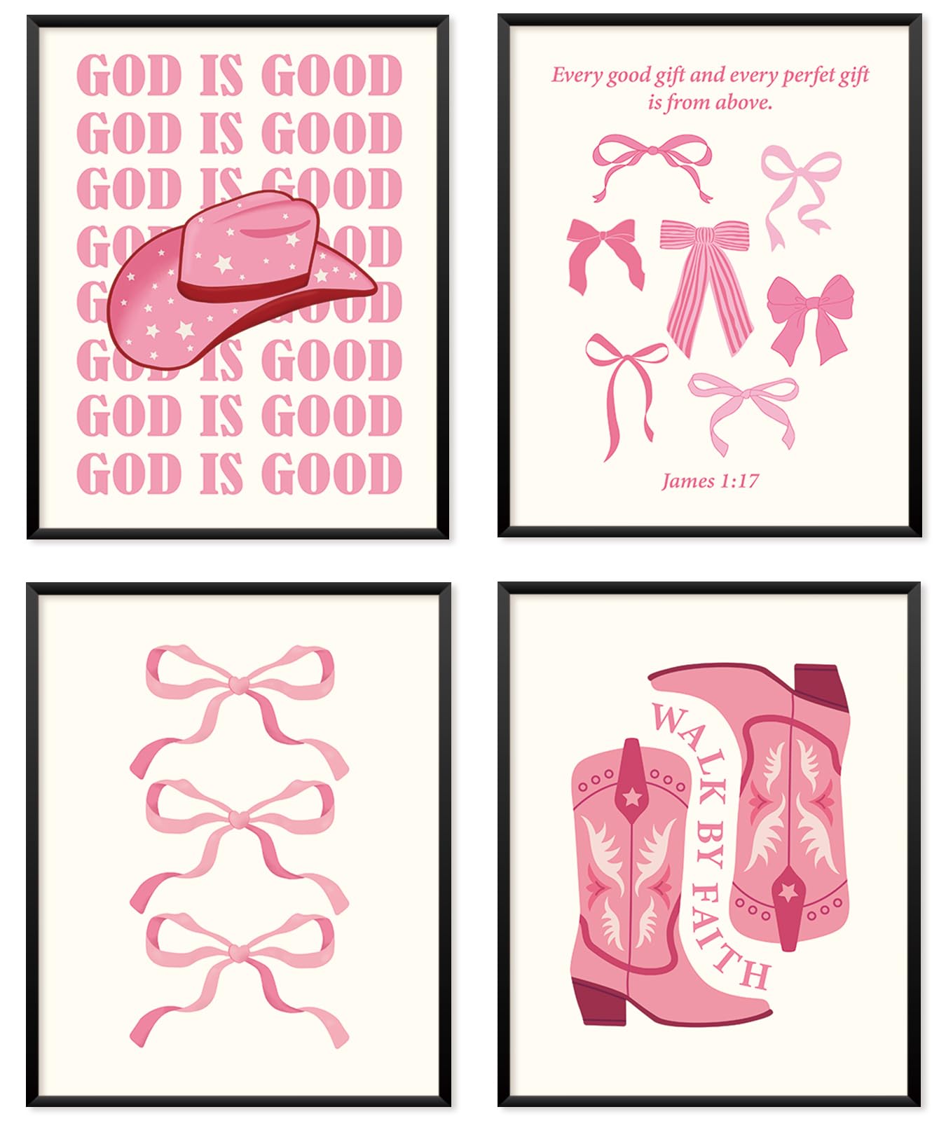 Locomiss Pink Christian Western Coquette Preppy Wall Art Posters, Cowgirl Room Decor, Coquette Pink Bow Preppy Bible Verse Posters for Home Girls