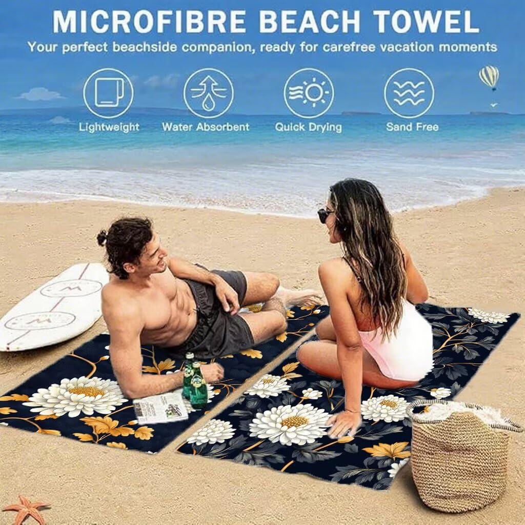 Telo Mare Microfibra 220 x 100 cm, Asciugatura Rapida Bianco Telo Mare Grande Leggero, Assorbente Asciugamano Palestra, Anti-Sabbia Stuoia Spiaggia per Spiaggia Piscina Bagno (Crisantemo) Model519
