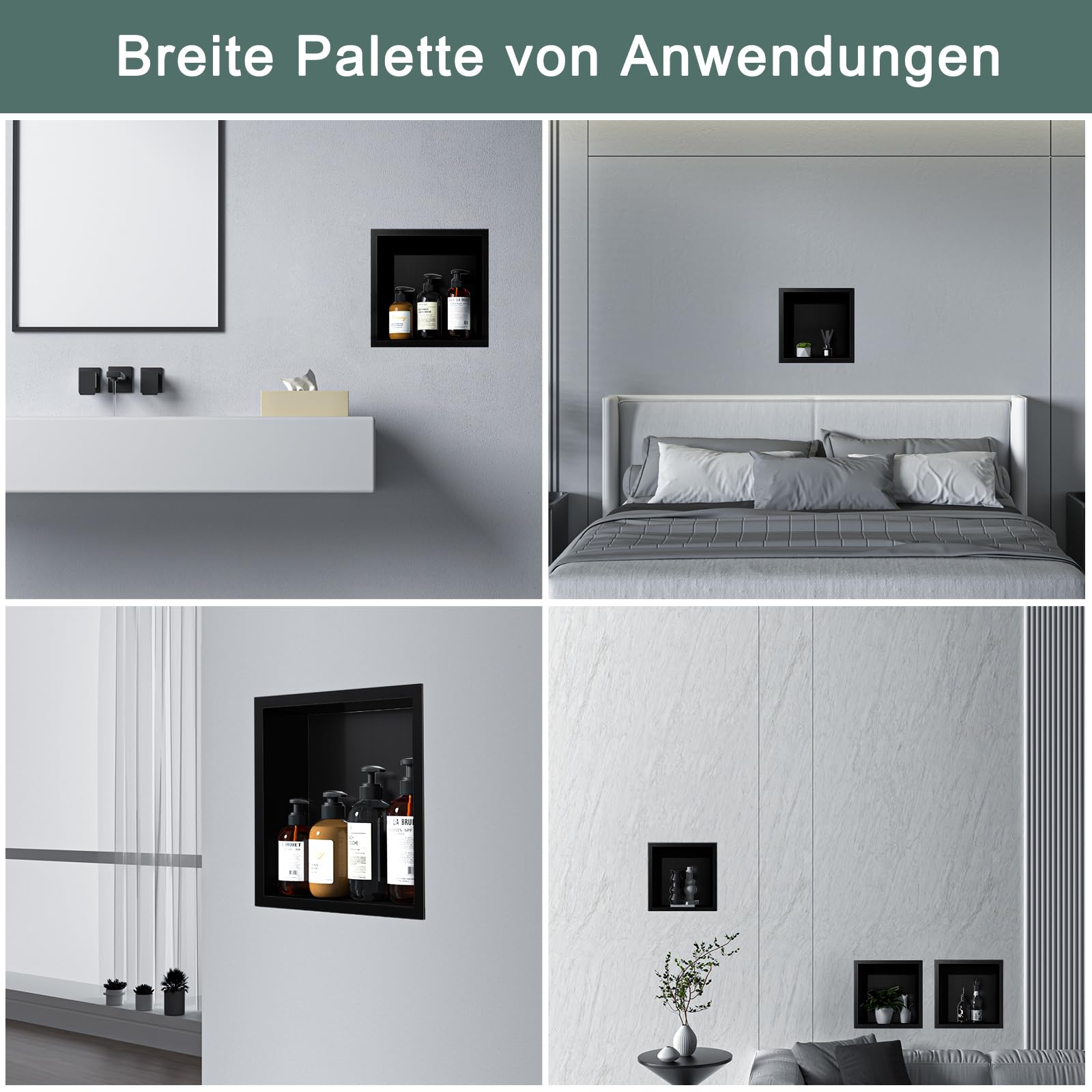 Wandnische Dusche Edelstahl, Schwarz Matt,Duschnische 30 x 30 x 10