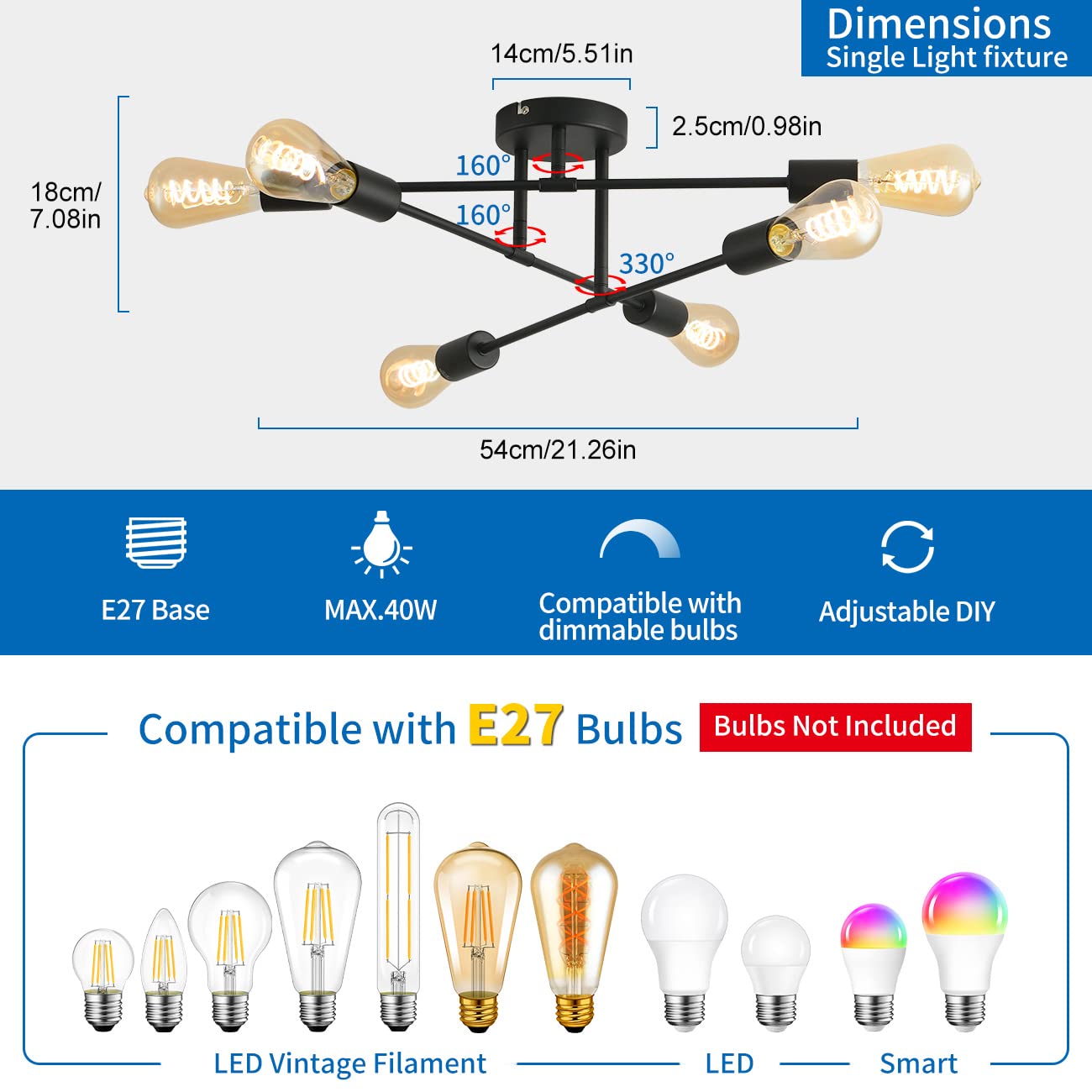 ANWIO Lustre E27 Noir, Plafonnier Industrie, Lumières Moderne Plafonnier Lustre Luminaire Industriel en Metal, Lampe de Plafond Vintage à 6 Bras pour Salon (Sans Ampoules)