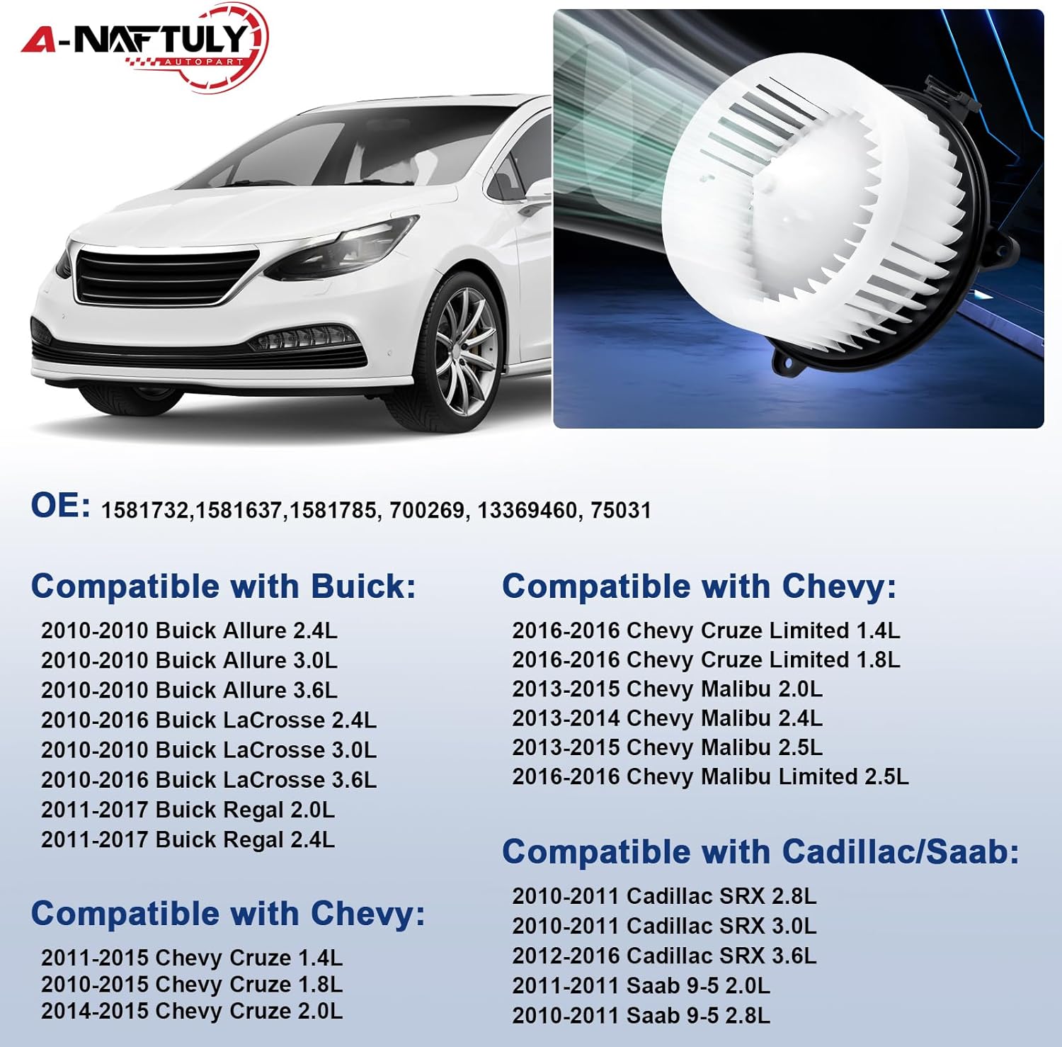 AC Blower Motor Fan Fits for 2010-2016 Chevrolet Cruze, 2013-2015 Chevy Malibu, 2010-2016 Buick LaCrosse/Regal/Allure/Cadillac SRX, 2010-2011 Saab 9-5, HVAC Heater Blower Motor Replace 700269, 1581637