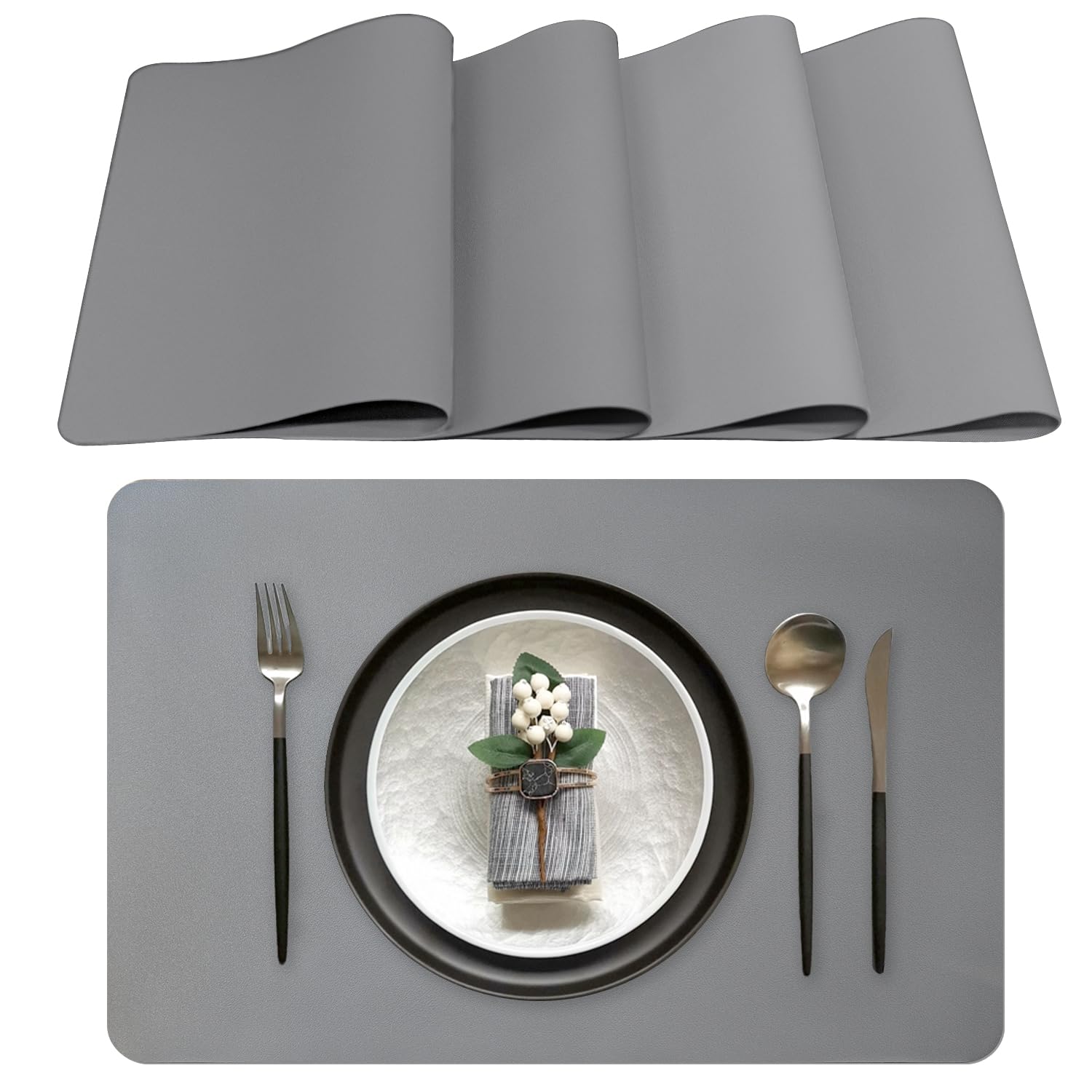 Lumaca Washable Leather Placemats, Table Mats set of 4, Waterproof, Heat Resistant, Non-slip, Place Mats for Kitchen Tables and Restaurants, Grey