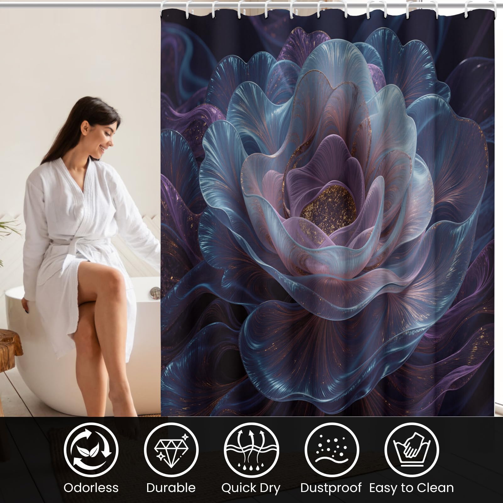 Rideau Douche,Rideau Baignoire Lavable en Machine Rideaux Douche Tissus Lavable Rideau De Baignoire Lavable pour Salle De Bain Domicile Baignoire Famille,Fleurs Épanouies,