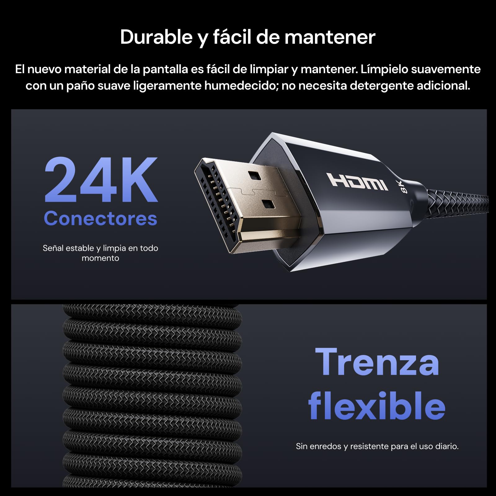 Valerion Cable HDMI 2.1 ultra alta velocidad 2 m/6,6 pies, 48 Gbps, 8K 60 Hz, 4K 120 Hz, HDR dinámico, ALLM/VRR gaming, conectores dorados 24K, compatible con PS5, Xbox, PC, TV y proyector