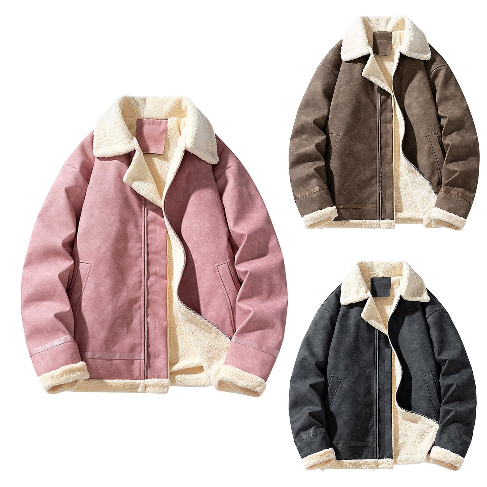 Generisch Chaqueta de piel sintética para hombre, chaqueta de piel sintética, variantes de color, chaqueta de motero, chaqueta de entretiempo, cuello vuelto, abrigo cálido, chaqueta de ante de