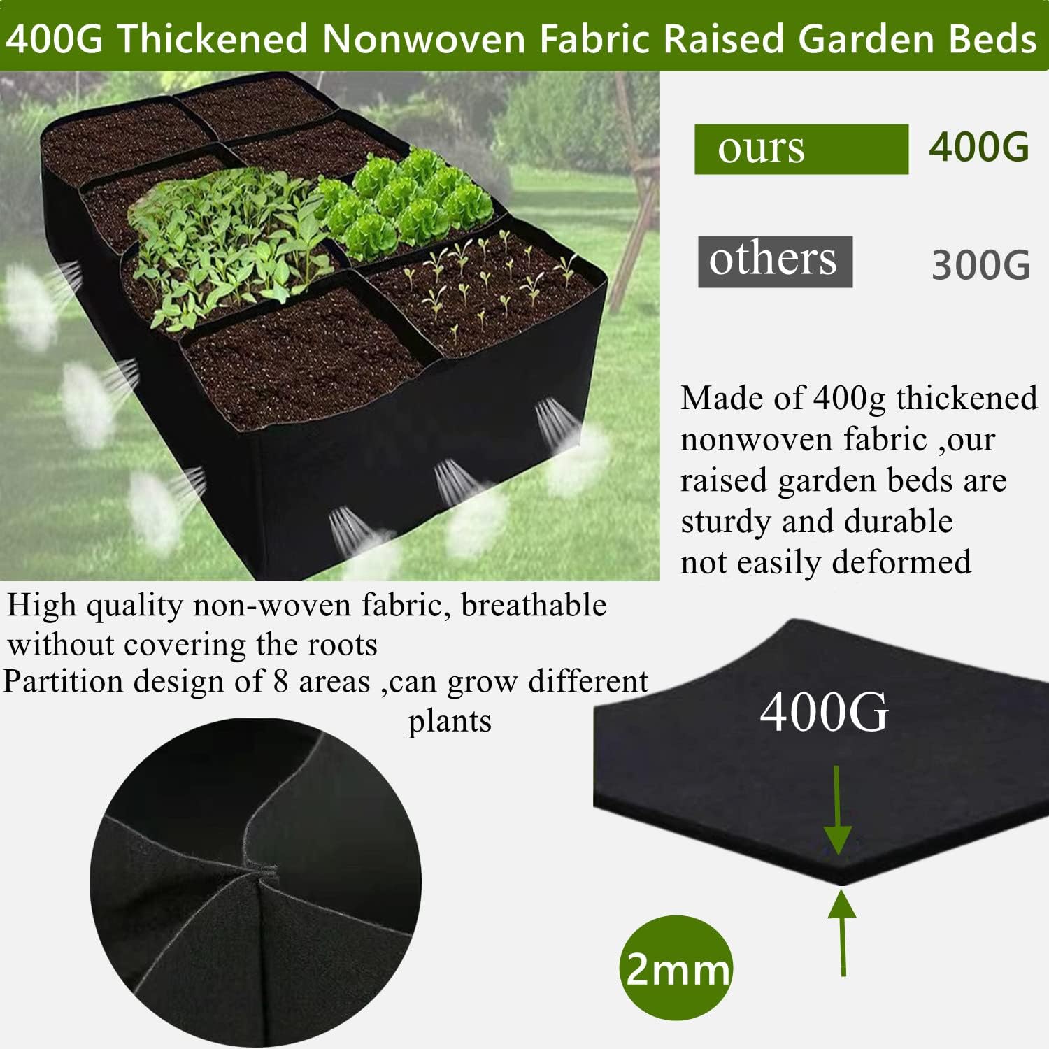 Niurui Fabric Raised Garden Bed 128 Gallon 8 Holes Rectangle 400G Thick Nonwoven Gardening Grow Bags Planting Container for Growing Herbs, Flowers and Vegetables,Black 6x3x1ft