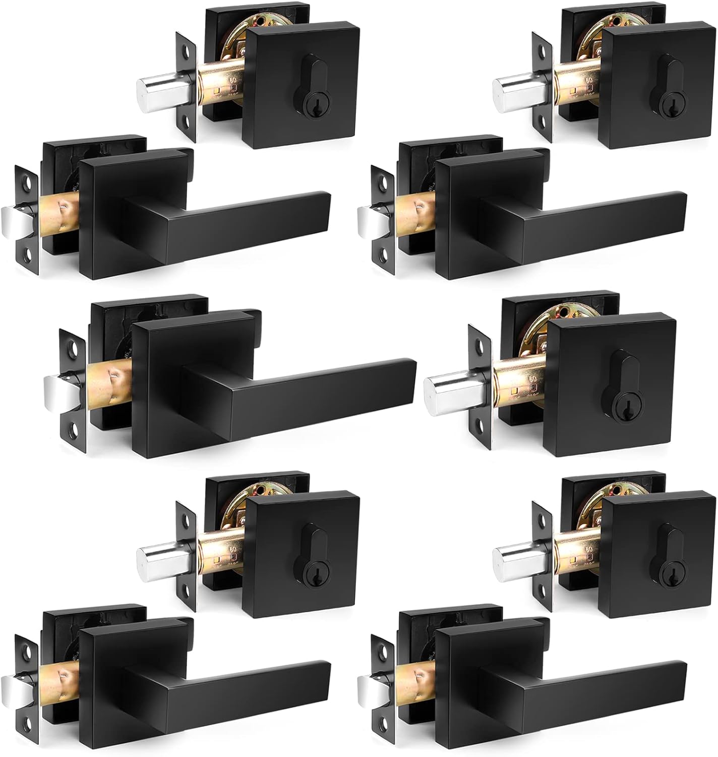 Probrico Flat Black Passage Door Lever with Double Cylinder Deadbolt Combo Keyed Alike, Modern Square Lock Set Handleset,Exterior Door Handle and Deadbolts Set,Exterior Door Lever Passage 2 Pack
