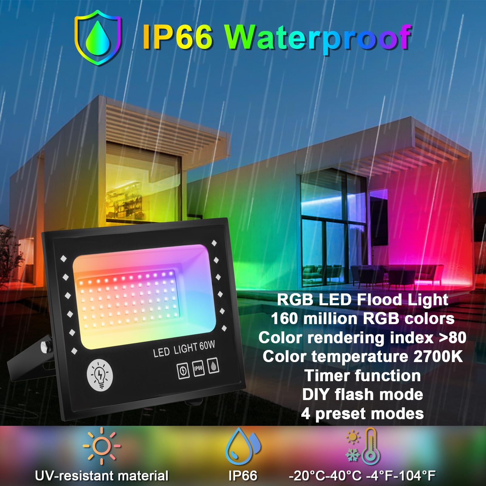 Faretto LED RGB da 60W, per Esterni, con Telecomando Bluetooth, 16 Milioni di Colori e Modalità Fai da te, Timing, Luce di Inondazione per Esterni, 6000lm,Impermeabile IP66,2 Pezzi
