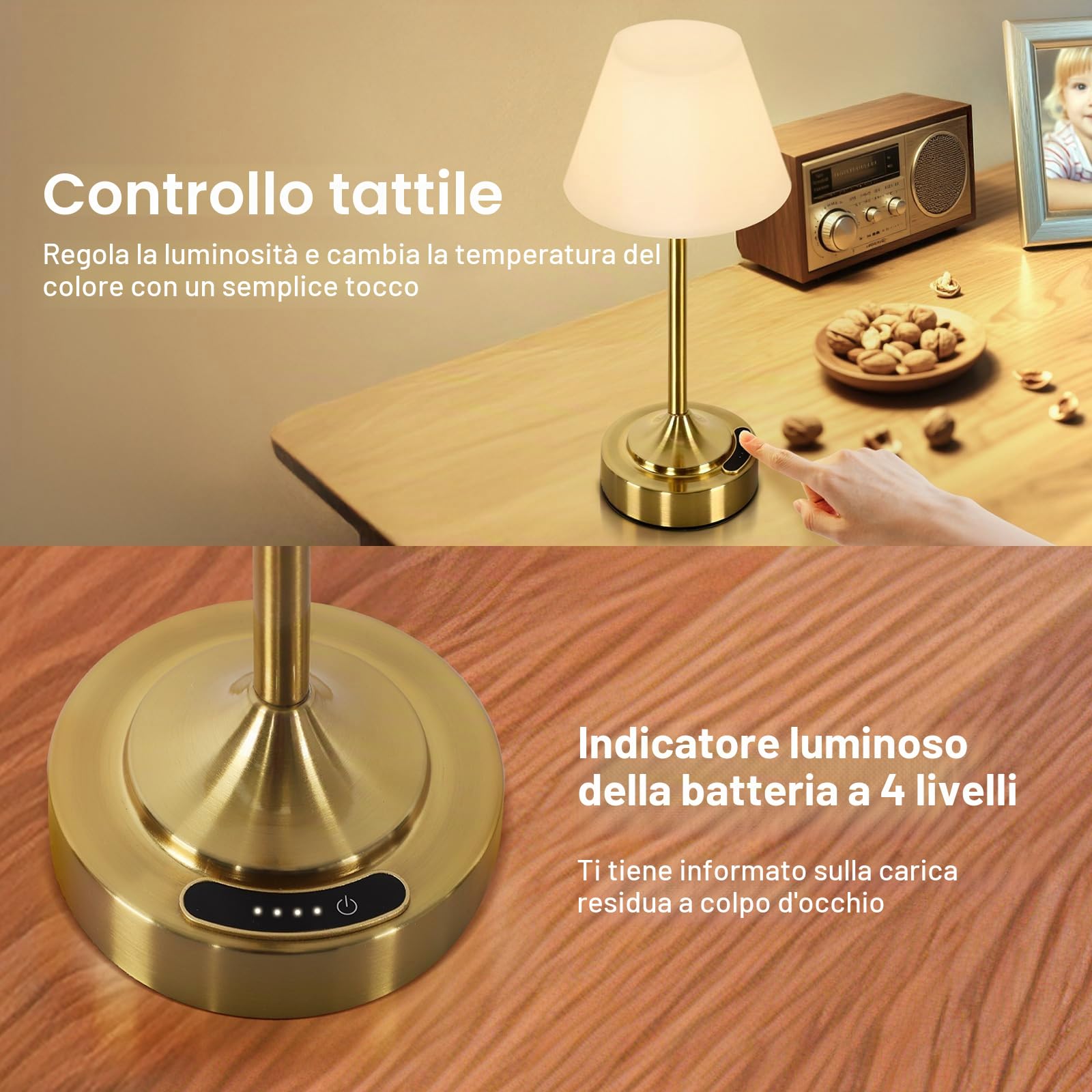 OUTON 2 Pezzi Lampada da Tavolo Ricaricabile e Senza Fili, Oro | Controllo Touch, Ricaricabili, Dimmerabili, USB-C, 3 Temperature, Impermeabile IP54, 53h Autonomia, Camera e Esterno