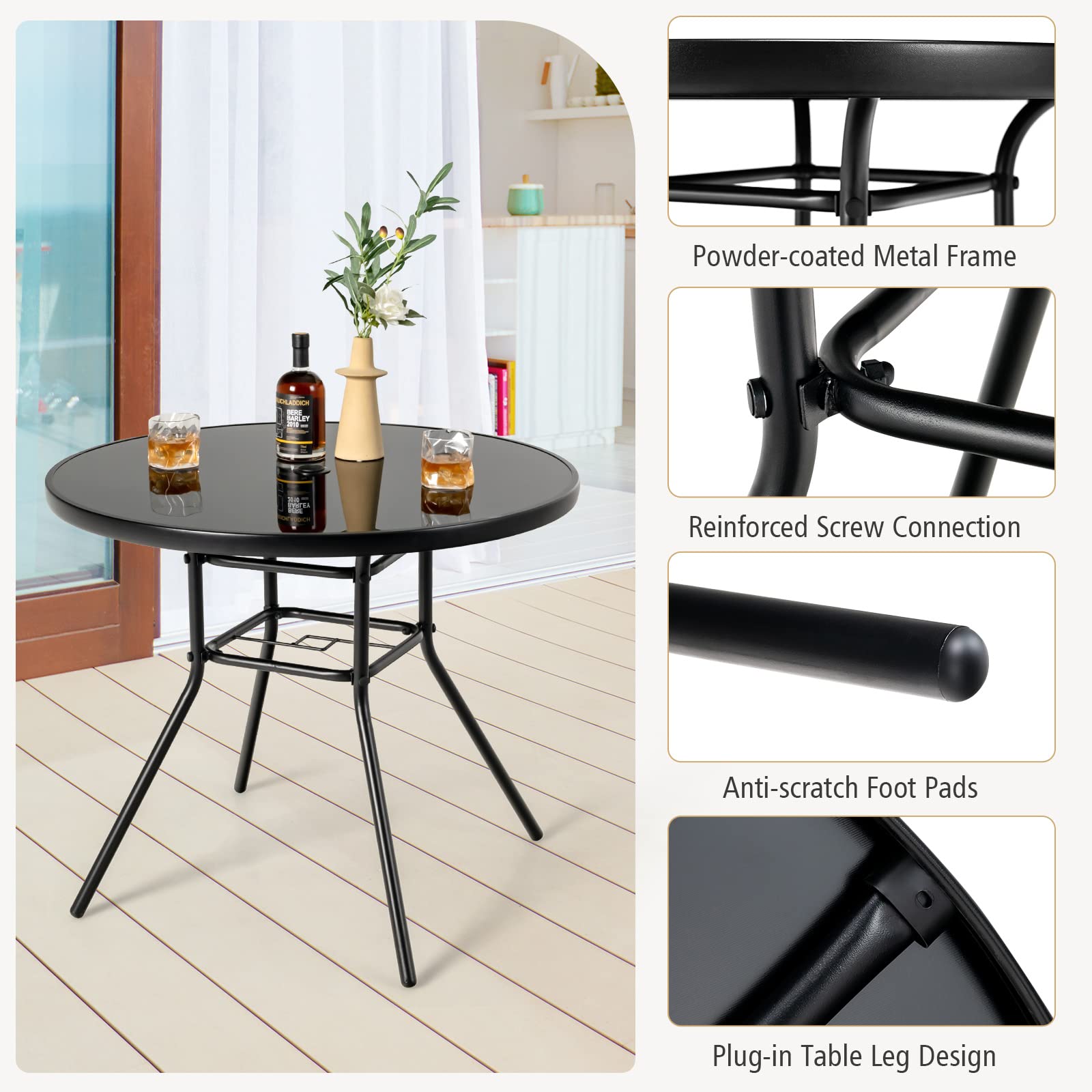 GIANTEX Table Bistrot 86 cm, Table à Manger de Jardin avec Trou pour Parasol de 3,5 cm, Plateau en Verre Sérigraphié, Cadre en Métal, Table d'Appoint Ronde, pour Jardin, Terrasse, Noir