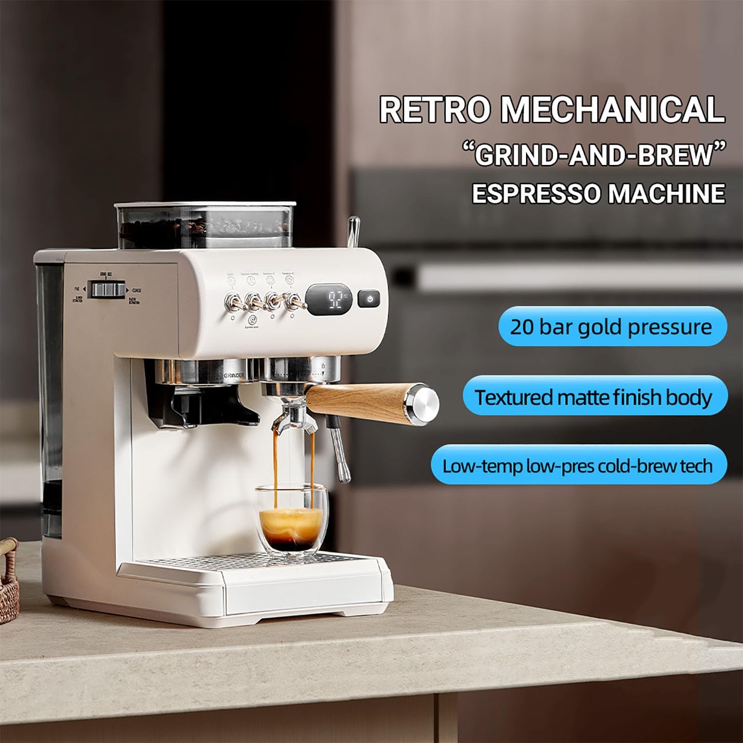 Home Small Coffee Machine, Cold Brew Espresso Milk Frother with 1.8L Removable Water Tank, 9-20 Bar Professional Extraction & 20-level Grind Adjustment, Hot & Cold Dual Extract for Cappuccinos