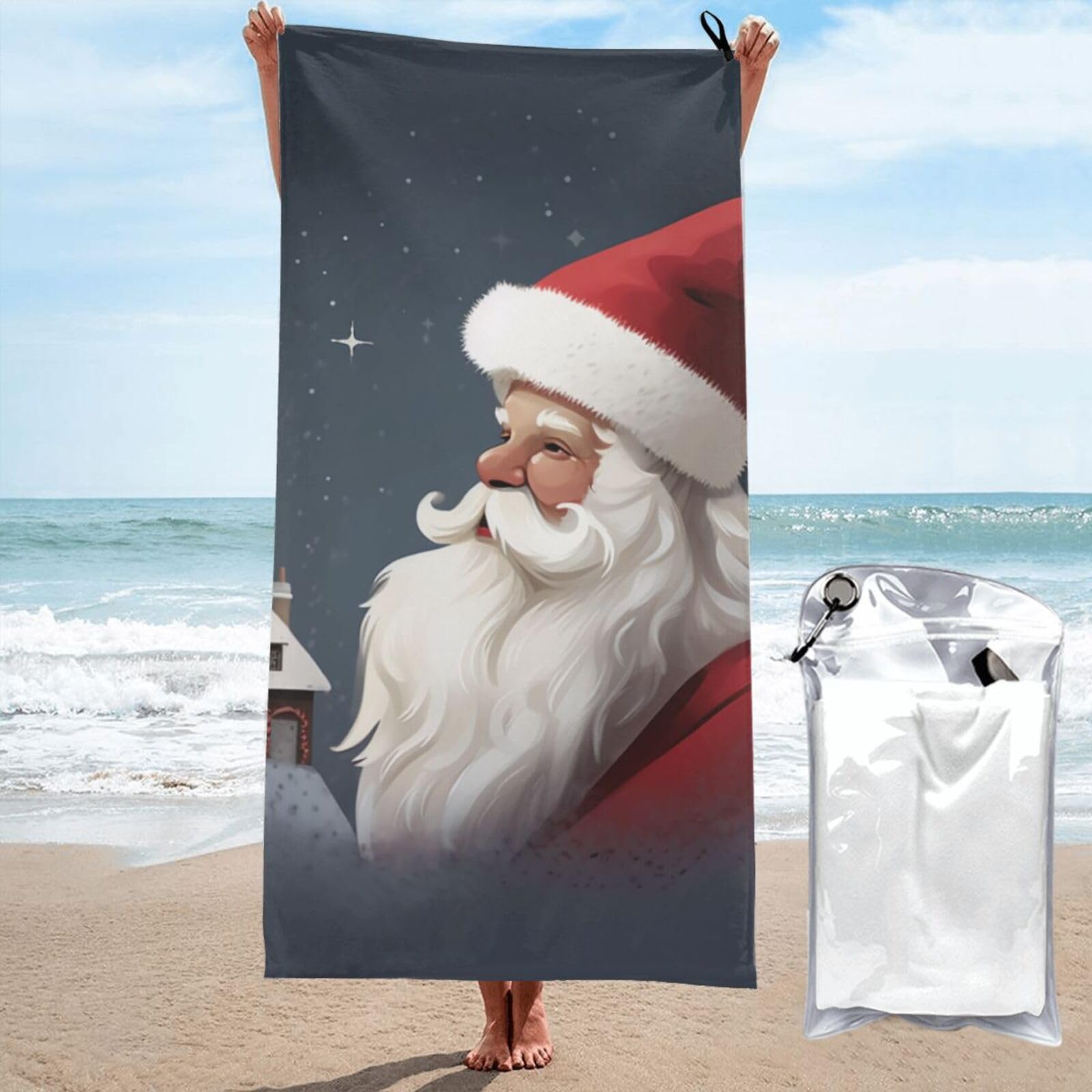 BWWHCCTI Santa Claus Printed Microfiber Quick Dry Beach Towel 70x140 CM, Fast Drying Bath Towels with Bags for Travel,Camping,Gym,Beach,Swimming,Yoga