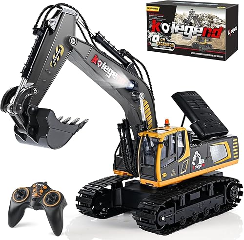 kolegend - Juguete de excavadora a control remoto de 16 pulgadas, vehículos de construcción RC de 9 canales, excavadoras hidráulicas y vehículos de