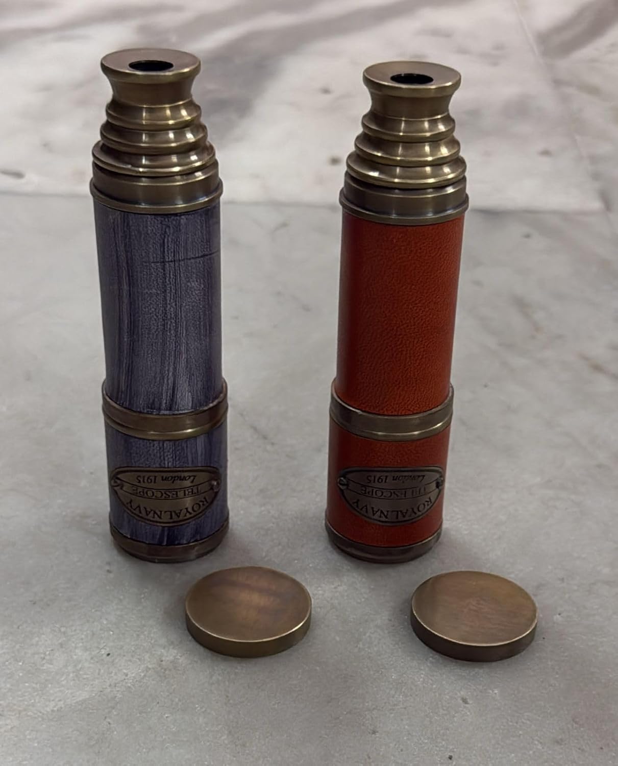 Vintage Brass Telescope Set, 16 Inch Nautical Spyglass with Leather Grip, Navy Blue and Brown, 2-Piece