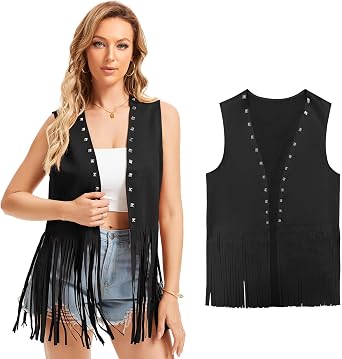 Womens Fringe Vest 60s 70s Hippie Vest Sleeveless Cowgirl Western Faux Suede rivet tassel denim jacket, Halloween