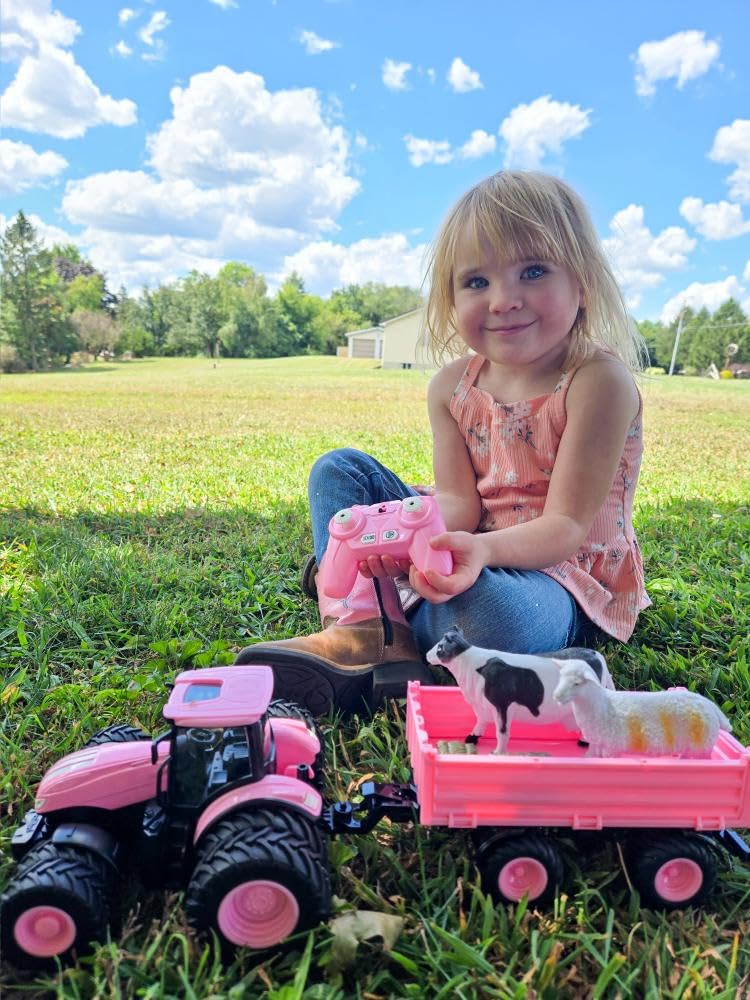 Tractor de juguete a control remoto [2025] Juego de tractor RC para niños y camión y remolque cargador frontal – Cabeza de coche de metal, 8 ruedas/luz, juguetes de vehículos agrícolas para niños de 3 8