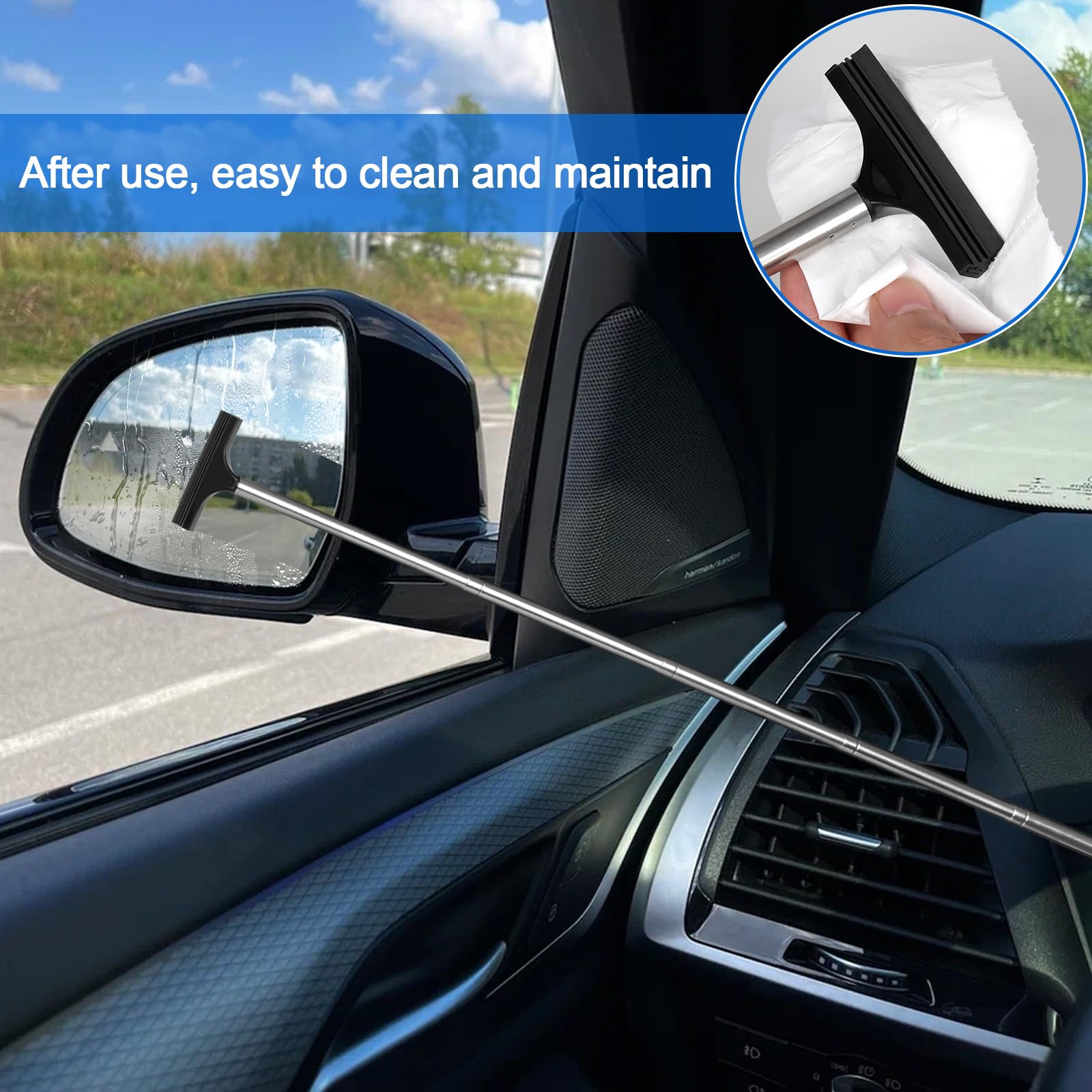 2 limpiaparabrisas de coche con mango de 38.6 pulgadas, para espejo lateral de coche, escobilla de goma de espejo lateral, mini escobilla de goma para clima lluvioso y niebla