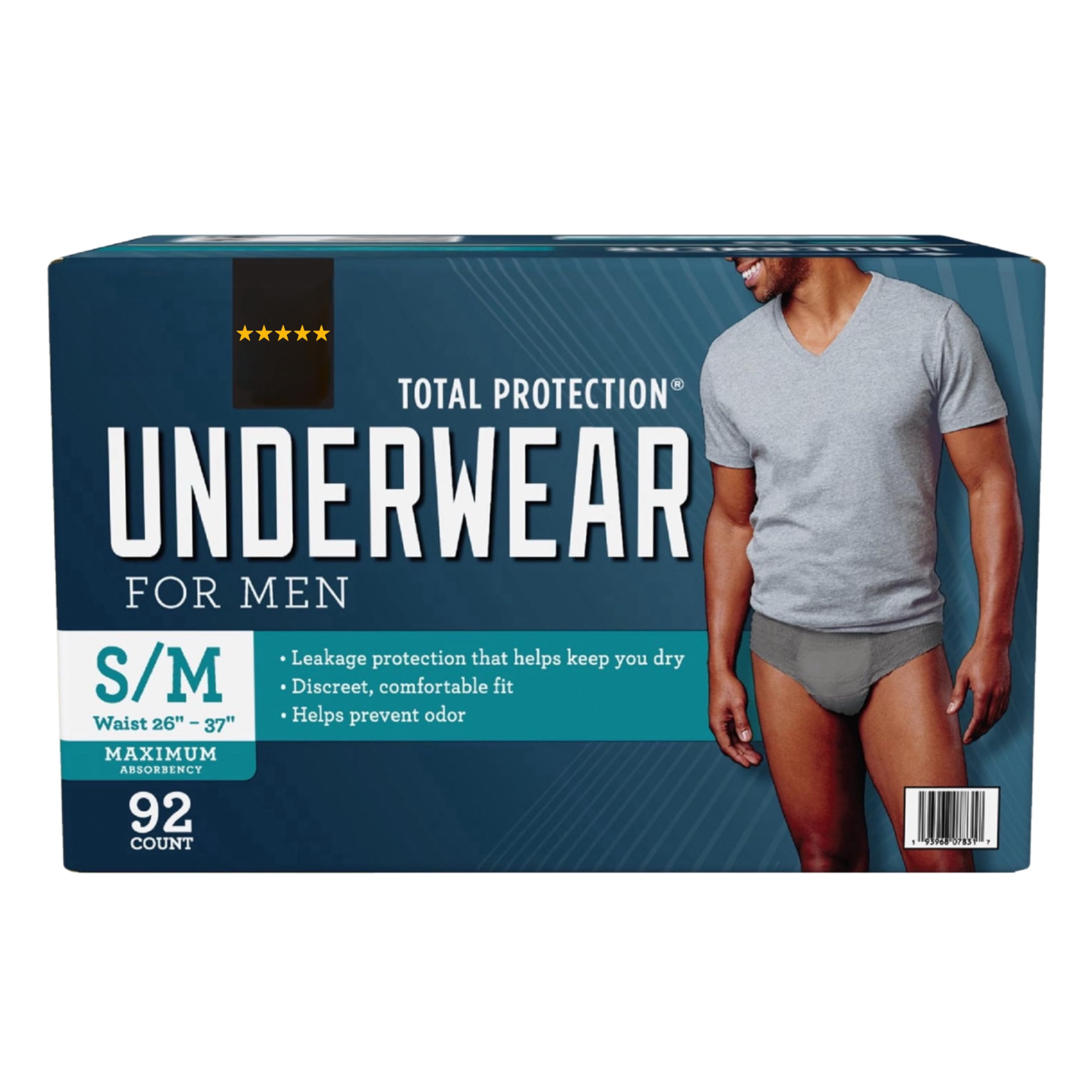 5 Star Total Protection Men's Underwear, S/M Size, 92 Count, Maximum Absorbency, Waist 26-37 Inches, Leakage Protection, Comfortable Fit Grey