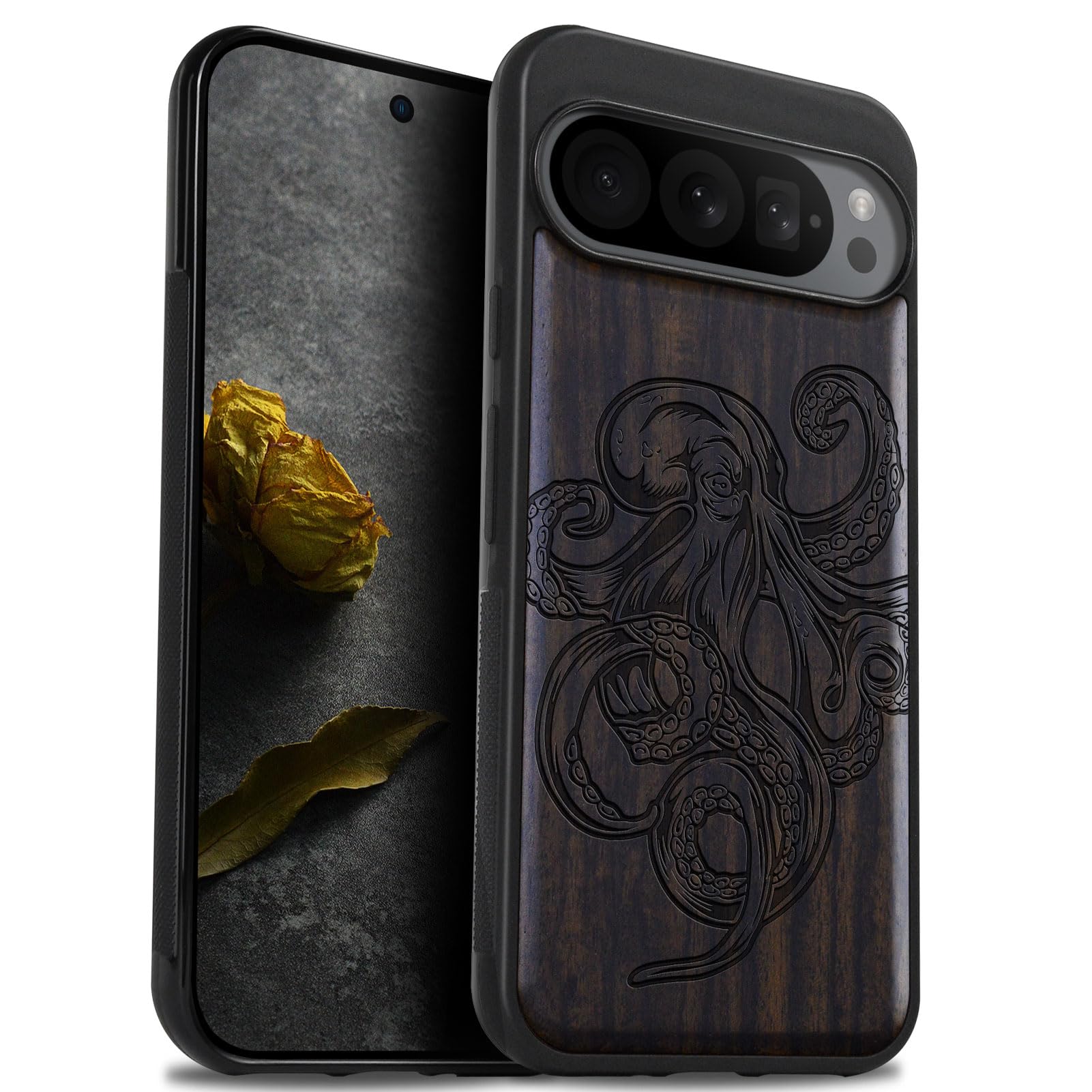 Carveit Wood Case for Google Pixel 9 Pro, Natural Wood & Black Soft TPU, Shockproof Protective Cover, Unique Wooden Case
