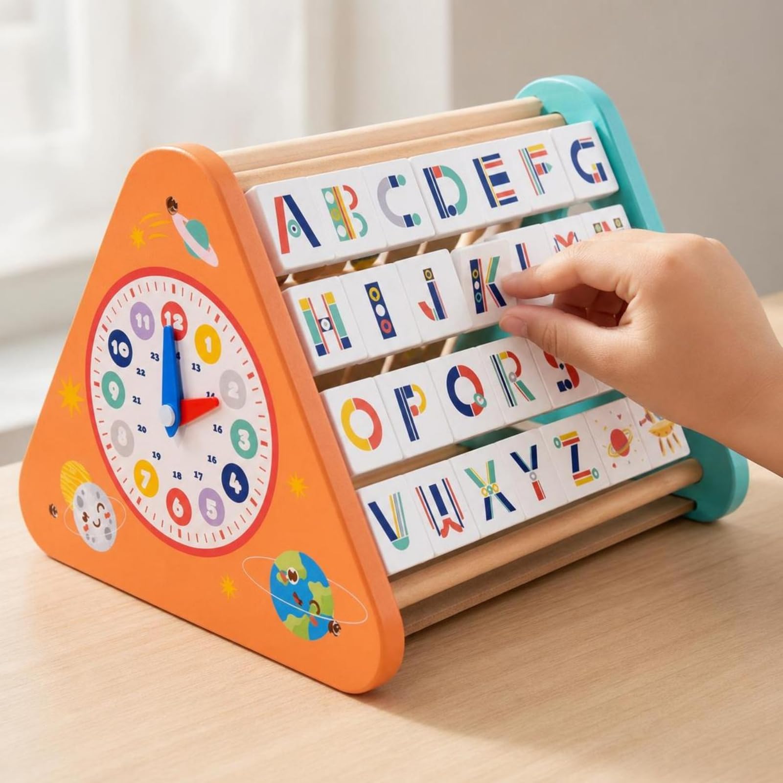 MagiDeal Reloj de Aprendizaje para Niños Tablero Educativo Abaco Pizarra Marcadores Letras Madera Multifunción con Agujas Ajustables y Base Triangular Adecuado para Aula Hogar Viajes
