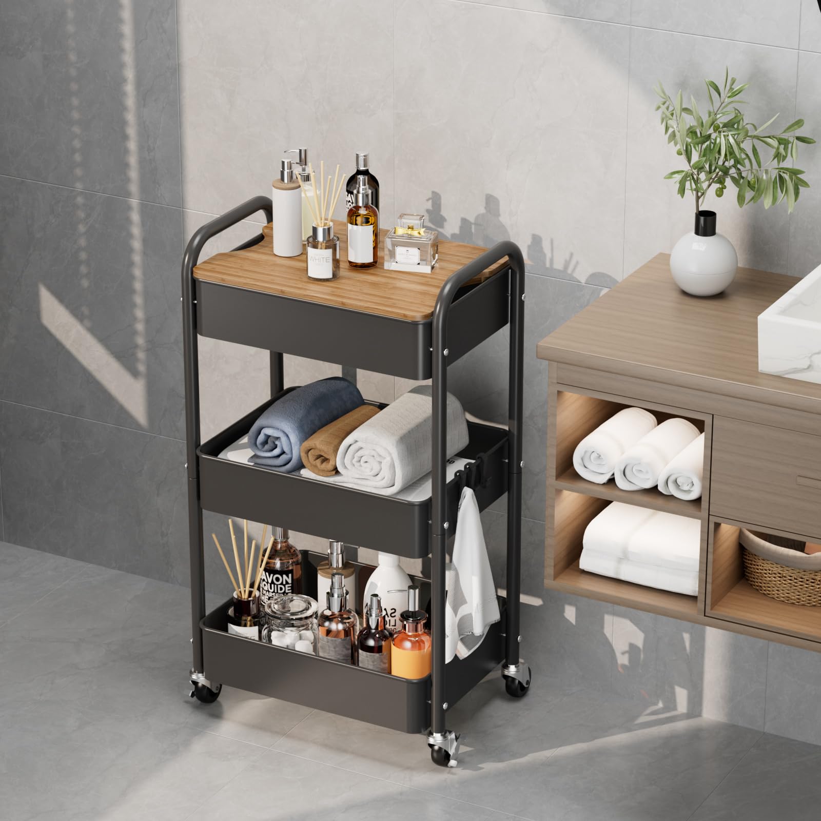 Carrito con Ruedas de 3 Niveles con Mesa, Carrito de Servir, Carrito Multiusos de Metal, Estante con Ruedas, Organizador, Estante de Cocina, Carrito Multiusos Estable para Cocina(Negro)
