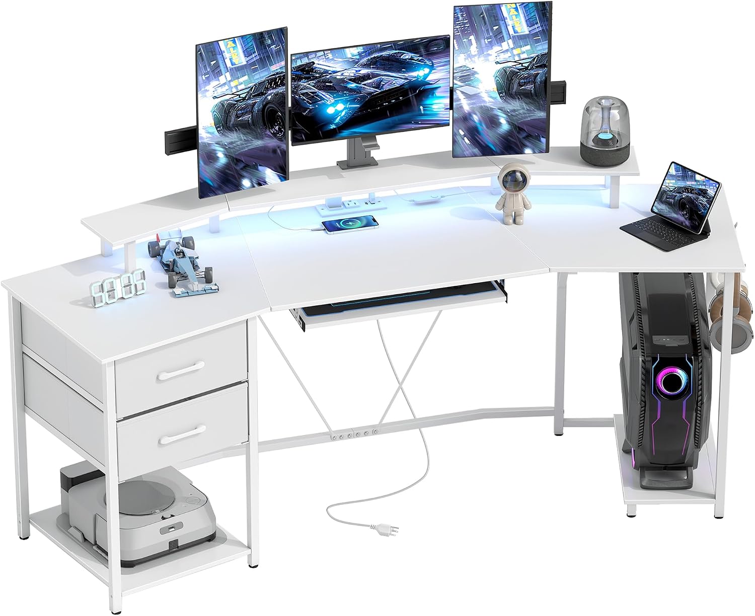 HOMCOM 79 inch Gaming Desk with RGB Lights, Keyboard Tray, 2 Drawers, White | Industrial Computer Desk, Computer Table, Power Outlets & USB Ports, Music Studio Host Stand, Home Office